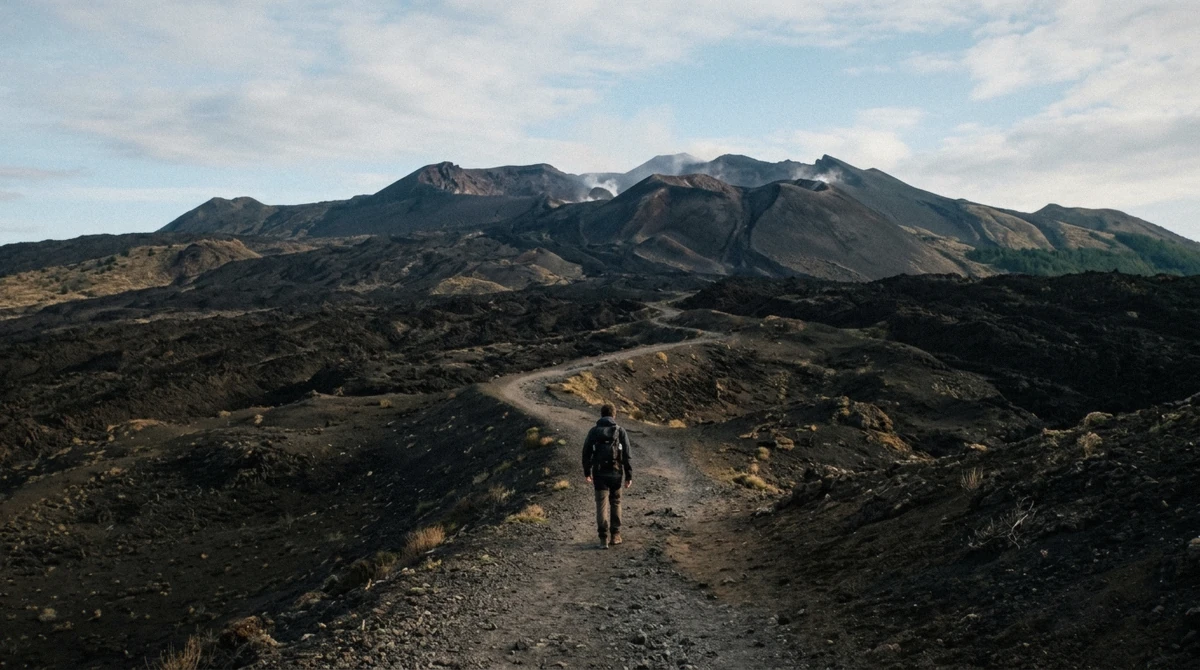A lone traveller walking across black lava ground toward the distant crater rims of Mount Etna, Sicily